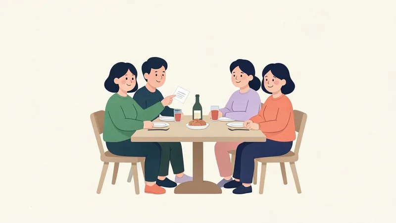Quatro amigos à mesa de um bar no fim da noite, um segurando a conta enquanto outro aponta para uma linha dela
