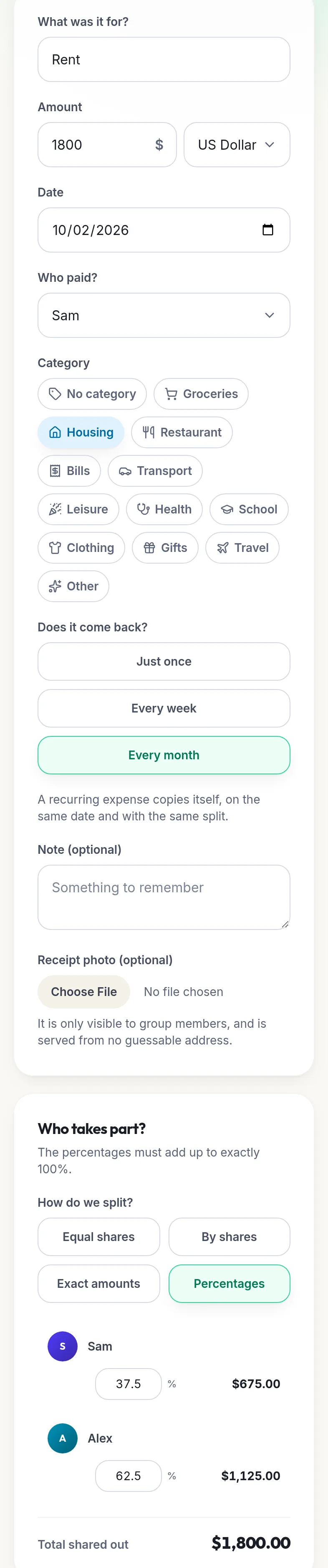 Kotisso expense form on a phone: “Rent”, $1,800 in US dollars, paid by Sam, category Housing, with “Every month” selected under “Does it come back?”. Under “Who takes part?”, the Percentages split: Sam 37.5 % or $675.00, Alex 62.5 % or $1,125.00, total shared out $1,800.00.