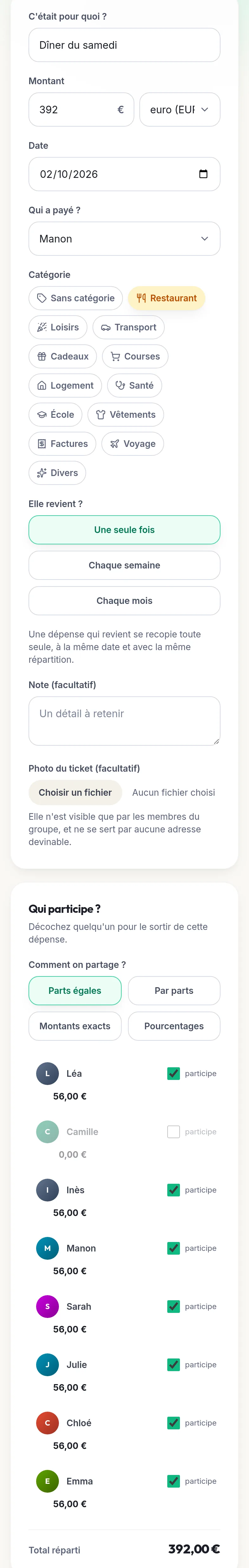 Formulaire de dépense de Kotisso sur téléphone : « Dîner du samedi », 392 €, payé par Manon, catégorie Restaurant, « Une seule fois ». Sous « Qui participe ? », parts égales : Camille décochée, à 0,00 € ; Léa, Inès, Manon, Sarah, Julie, Chloé et Emma à 56,00 € chacune ; total réparti 392,00 €.