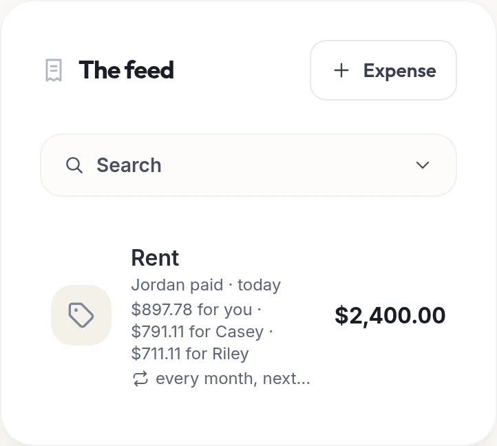 The "Rent" expense in a Kotisso group feed, seen by Jordan: Jordan paid $2,400.00, $897.78 for Jordan (shown as "you"), $791.11 for Casey and $711.11 for Riley, repeated every month