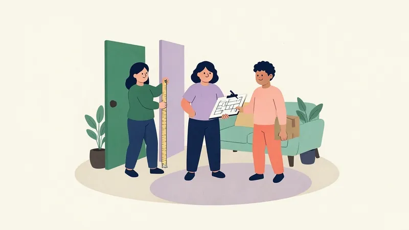 Three roommates in an empty living room, one holding a tape measure against a bedroom door frame while another writes on a floor plan