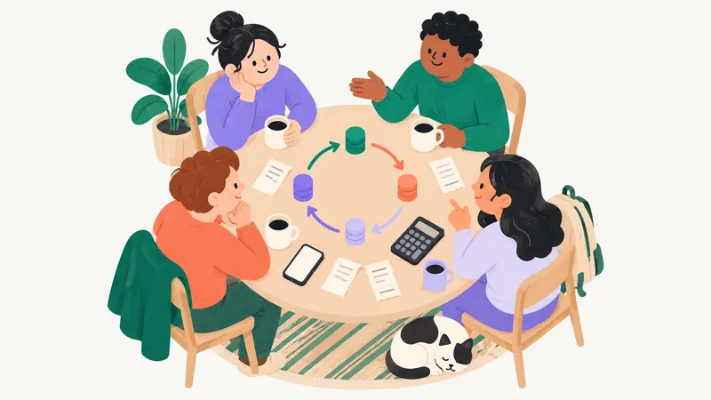 Four friends around a table covered in receipts, with piles of tokens linked by arrows between seats: who pays back whom