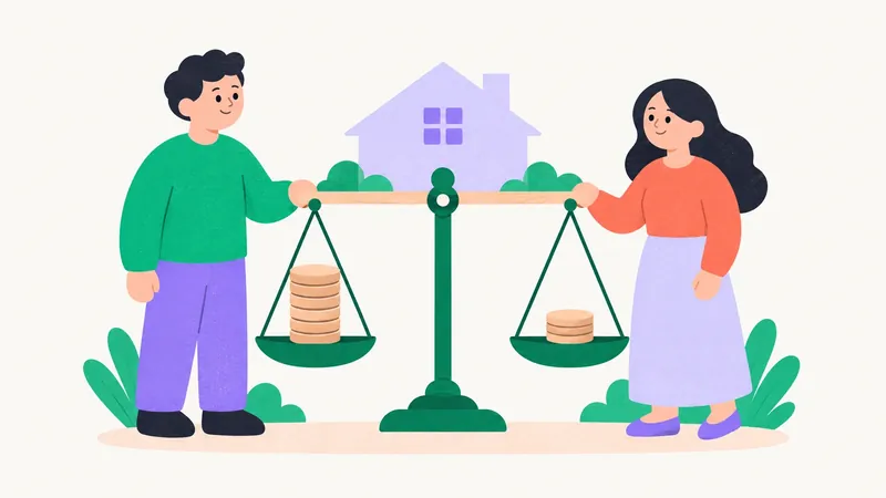 Um casal de cada lado de uma balança equilibrada, com uma pilha alta de moedas num prato e uma baixa no outro